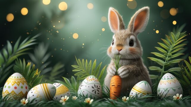 a painting of a rabbit holding a carrot in front of a group of decorated eggs in the grass with lights in the background.