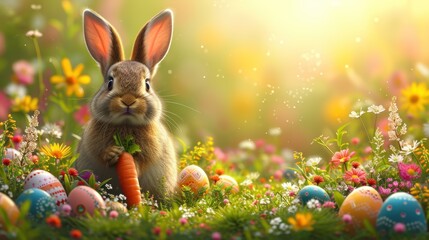 a rabbit holding a carrot in a field of flowers and daisies with the sun in the background and a field of flowers and daisies in the foreground.