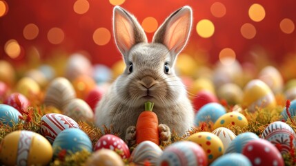 a rabbit is eating a carrot in a field of decorated eggs and grass with a red and yellow boke of lights in the background.