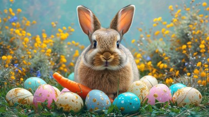 a rabbit sitting in the grass next to a pile of eggs with carrots and daisies in the background.