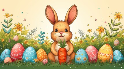a bunny is sitting in the grass with a carrot in front of a row of painted eggs and daisies.