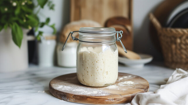 Sourdough starter in pretty glass jar with a lid. Baking. Homemade artisan bread.