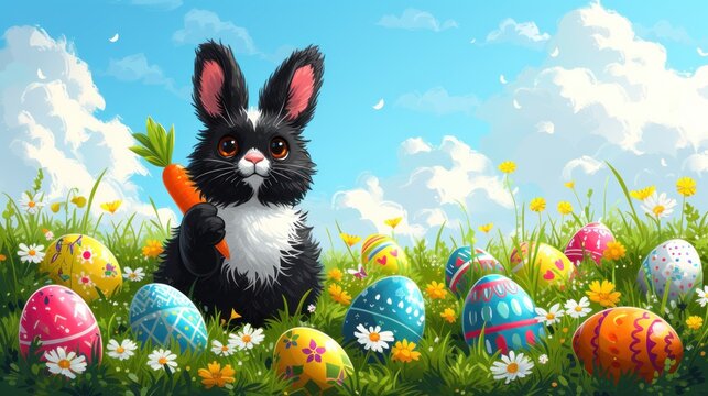 a painting of a black and white bunny holding a carrot in a field of eggs with daisies and daisies.