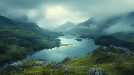 Naklejka na ściany i meble The rugged beauty of the Scottish Highlands, with mist-shrouded mountains and shimmering lochs stretching