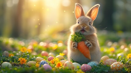 Fototapeta na wymiar a rabbit is holding a carrot in a field of eggs and grass with the sun shining through the trees in the background.