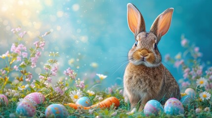 Fototapeta na wymiar a rabbit sitting in a field of grass with easter eggs in front of it and daisies in the background.