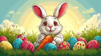 a bunny sitting in the grass with a carrot in front of a group of painted eggs with a rainbow in the background.