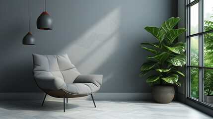 Modern White Armchair in a beautiful interior with flowers and grey wall, sun rays and shadow from the window