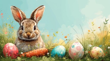 a painting of a rabbit sitting in a field of grass with painted eggs and carrots in front of it.