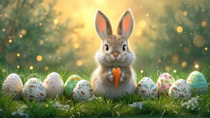 Fototapeta na wymiar a painting of a bunny holding a carrot in front of a row of decorated eggs in a field of grass.