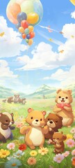 Obraz na płótnie Canvas Group of Teddy Bears in Field With Balloons
