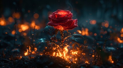 a red rose sitting in the middle of a field of grass with fire coming out of the ground behind it. - obrazy, fototapety, plakaty