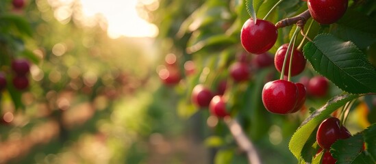 Obraz premium A bunch of vibrant and juicy cherries on a wooden table for a refreshing summer snack