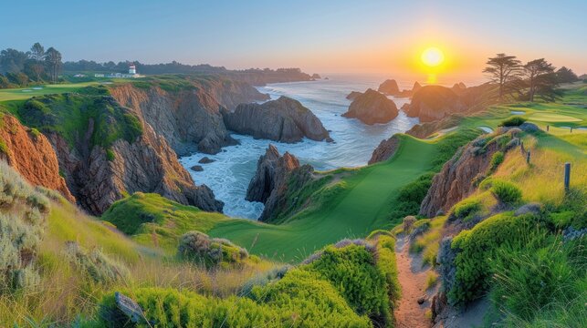 a scenic view of a golf course with the sun setting over the water and the ocean in the foreground.