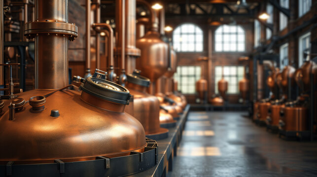 Copper containers and pipes in a beer, brandy, whiskey factory with copper pipes