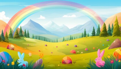 Fototapeta na wymiar A Colorful Landscape With a Rainbow in the Sky