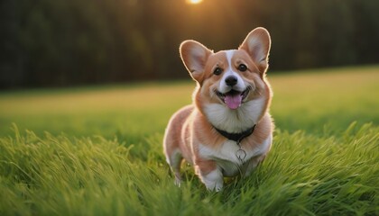 corgi dog, dog at dawn, purebred dog in nature, happy dog, beautiful dog