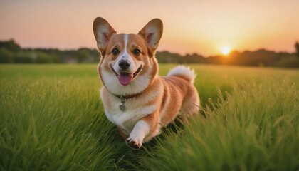corgi dog, dog at dawn, purebred dog in nature, happy dog, beautiful dog
