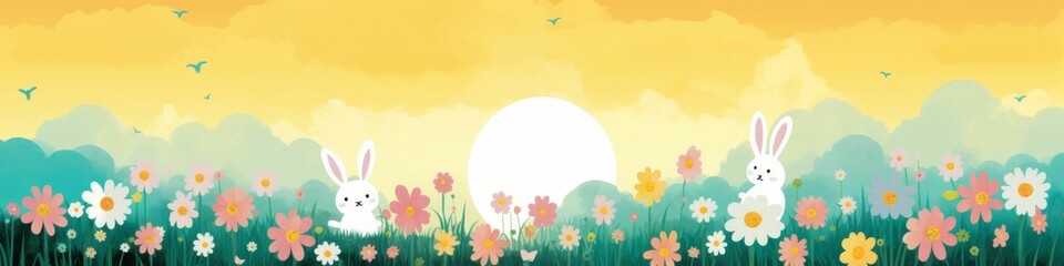 Fototapeta premium A Painting of Two Rabbits in a Field of Flowers