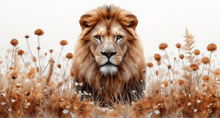 a painting of a lion sitting in a field of tall grass with wildflowers in the foreground and a white wall in the background.