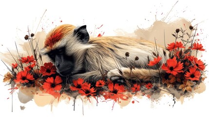 a painting of a cat laying on top of a field of flowers with red flowers on the side of it.