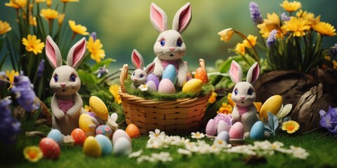 Fototapeta premium Group of Rabbits Sitting in a Basket Filled With Eggs