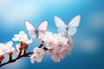 butterflies on a branch with flowers