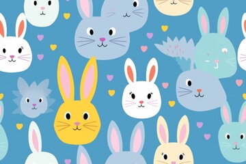 Group of Rabbits With Hearts on Blue Background
