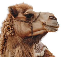 Close-up of a camel’s face with detailed fur and a serene expression. Transparent png background.