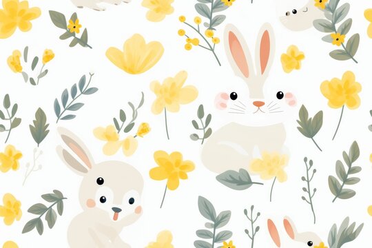 White Background With Yellow Flowers and Rabbits