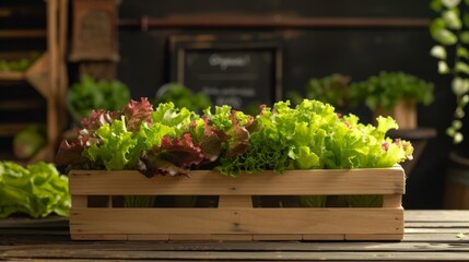 Fototapeta na wymiar Salad tray growing on a wooden bed