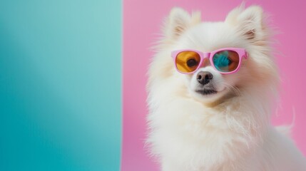 Funny white fluffy dog dressed in the style of a disco dancer