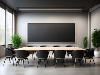 Modern conference room interior design with blank blackboard mockup design.