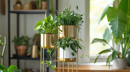 A stylish gold metal plant stand holds a trio of modern planters each showcasing a unique and beautiful indoor plant bringing a sense of serenity to the office space.