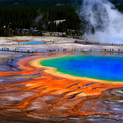 Grand Prismatic Spring Yellowstone National Park Tourists Viewing Spectacular Scene