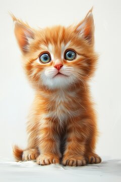 A small kitten with fawn fur and blue eyes is sitting on a white surface