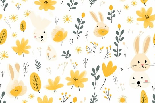 White Background With Yellow Flowers and Rabbits