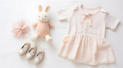 A flat lay arrangement featuring a soft pastel blanket with delicate scalloped edges, accompanied by a tiny pair of white booties and a miniature plush bunny toy.