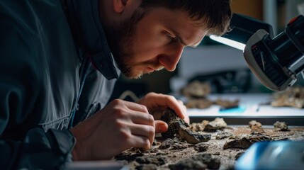A paleontologist carefully examining a tray of sediment carefully searching for minuscule fossilized bone fragments that can provide evidence of dinosaur behavior. - obrazy, fototapety, plakaty