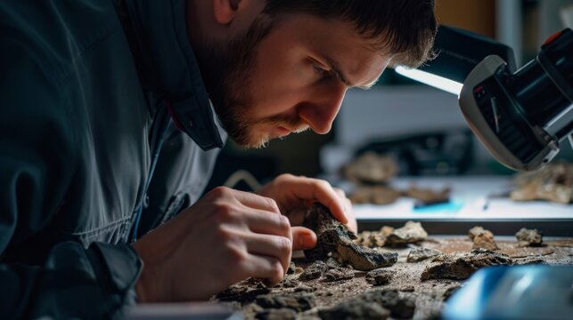 A paleontologist carefully examining a tray of sediment carefully searching for minuscule fossilized bone fragments that can provide evidence of dinosaur behavior.