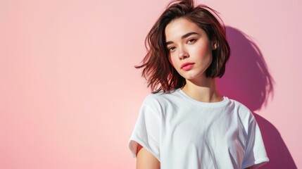 Obraz premium portrait young woman stay in white t shirt, fashion style, isolated on clean pastel background