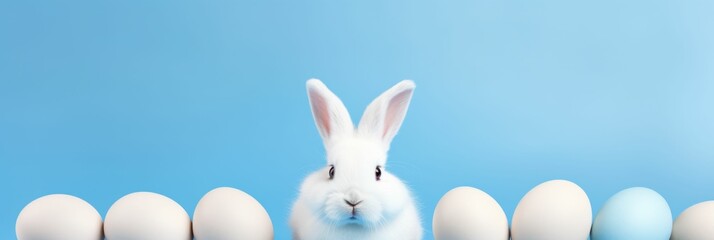 White Rabbit Sitting in Front of Row of Eggs