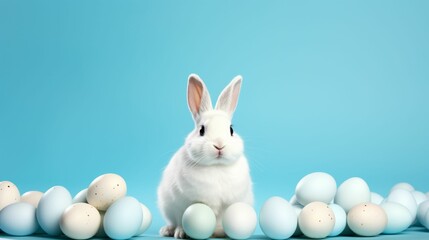 White Rabbit Surrounded by Eggs on Blue Background