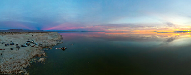 Sunset at Bombay Beach, California on the Salton Sea from a UAV Drone