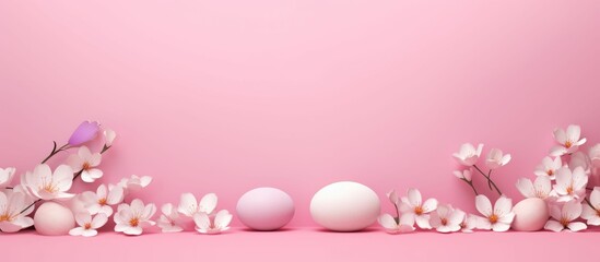 Fototapeta na wymiar Pink Background With White Flowers and Eggs