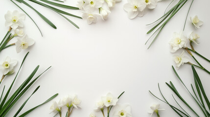 White Narcissus Flowers with Green Leaves Forming an Elegant Frame