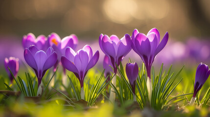 Purple crocuses blooming in spring, against the sunshine, saffron a living spice
