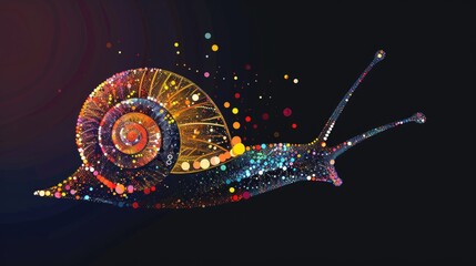 snail silhouette, made from little colorful dots, isolated on dark background