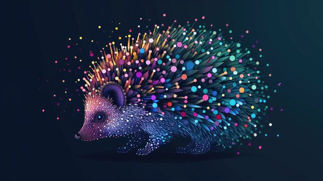 hedgehog , made from little colorful dots, isolated on dark background
