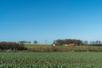 Fototapeta na wymiar Rural landscape with a cabbage field and a farm house in the background
